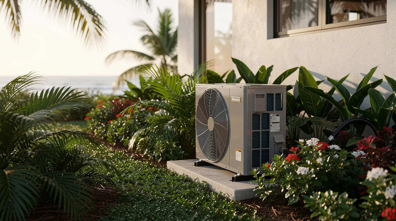 The image depicts a residential air conditioning unit positioned near a coastal property, surrounded by lush tropical landscaping that thrives in the humid environment. This ac unit is essential for maintaining indoor air quality and cooling in the warm climate, highlighting the importance of regular maintenance and professional ac repair services.