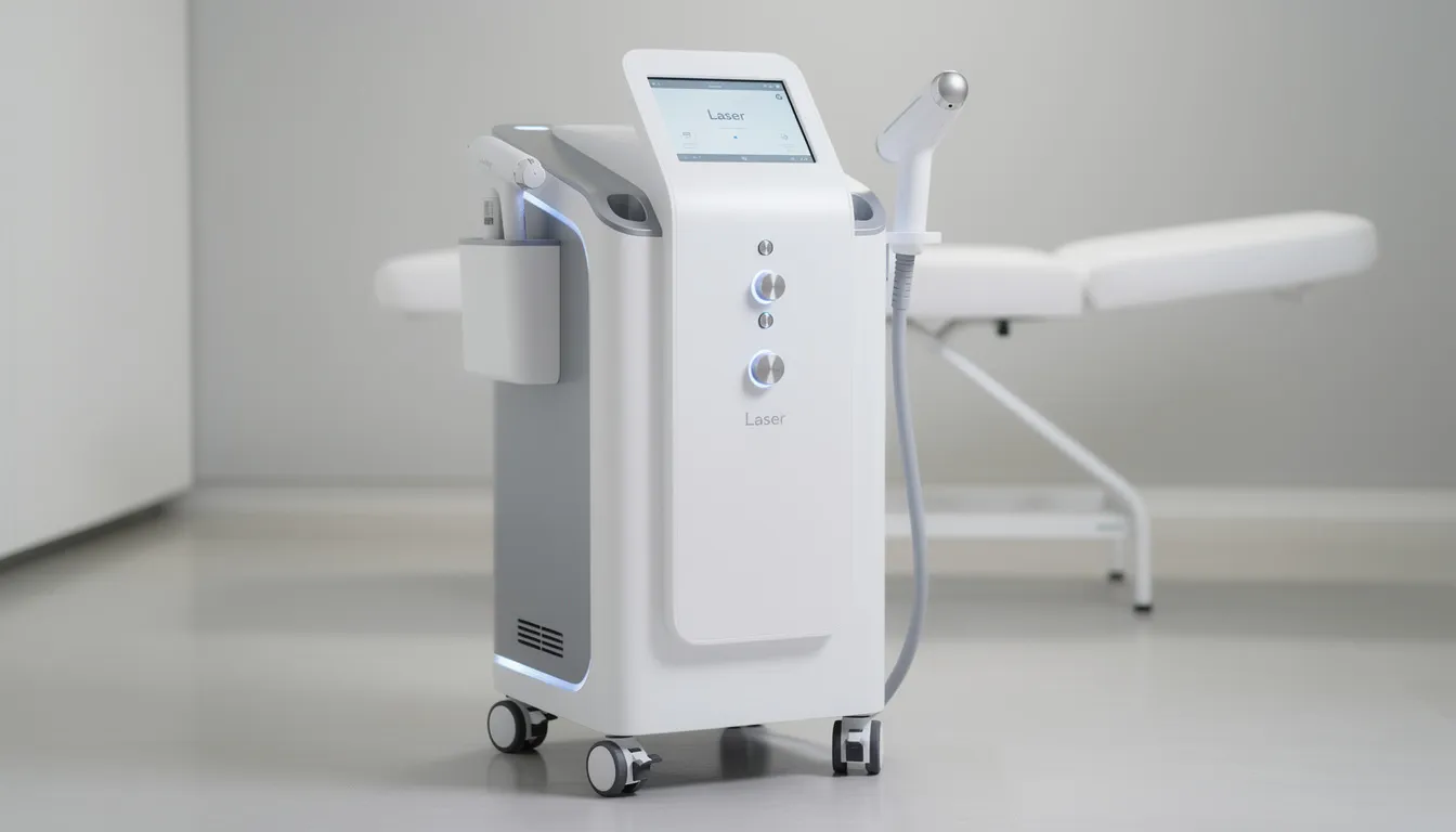 Na obrazie znajduje się nowoczesne urządzenie laserowe stosowane w dermatologii estetycznej, przeznaczone do laserowego usuwania zmian skórnych. Urządzenie to jest wykorzystywane w zabiegach mających na celu usunięcie łagodnych zmian skórnych, takich jak brodawki czy znamiona barwnikowe.