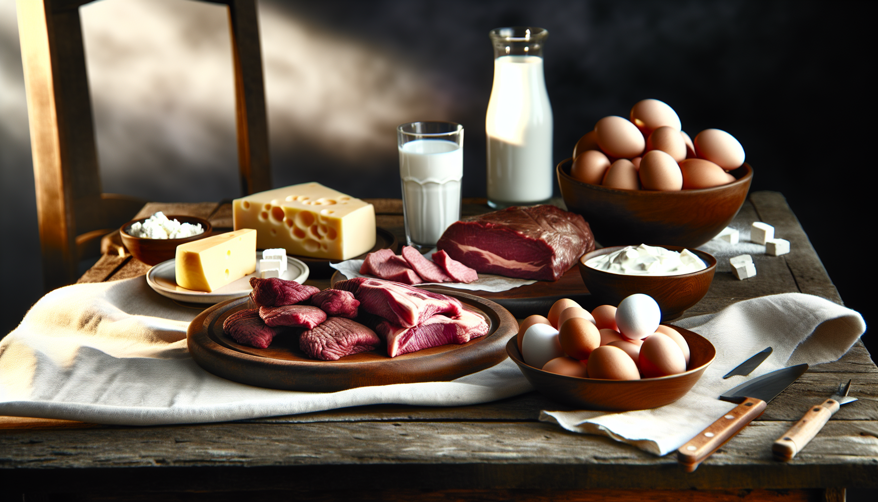 Assortment of animal protein sources such as meat, eggs, and dairy products