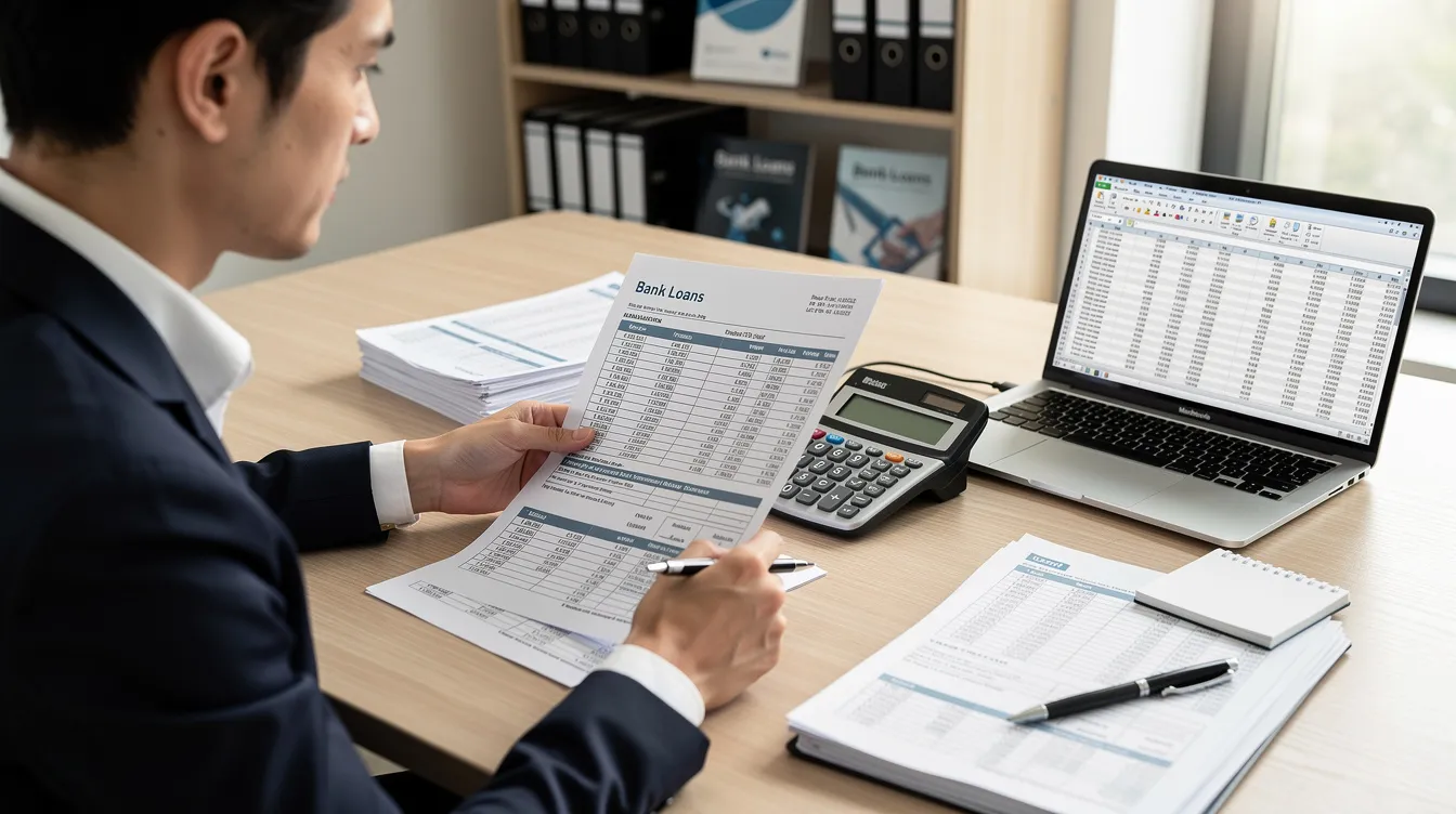86c8420f b739 4dd3 899b 1eb62538f91d A bank credit officer is seated at a desk, diligently comparing financial documents, including a loan application form and bank statements, while using a calculator and a laptop. This scene highlights the essential process of verifying income proof and assessing the creditworthiness of applicants for business loans and other financial products.