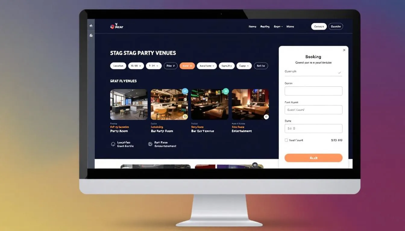 The image shows a computer screen displaying an online booking interface for stag party venues, featuring options to select and customize design elements for tickets and events. Users can enter details to find unique experiences for their group, with a focus on planning a memorable night out.