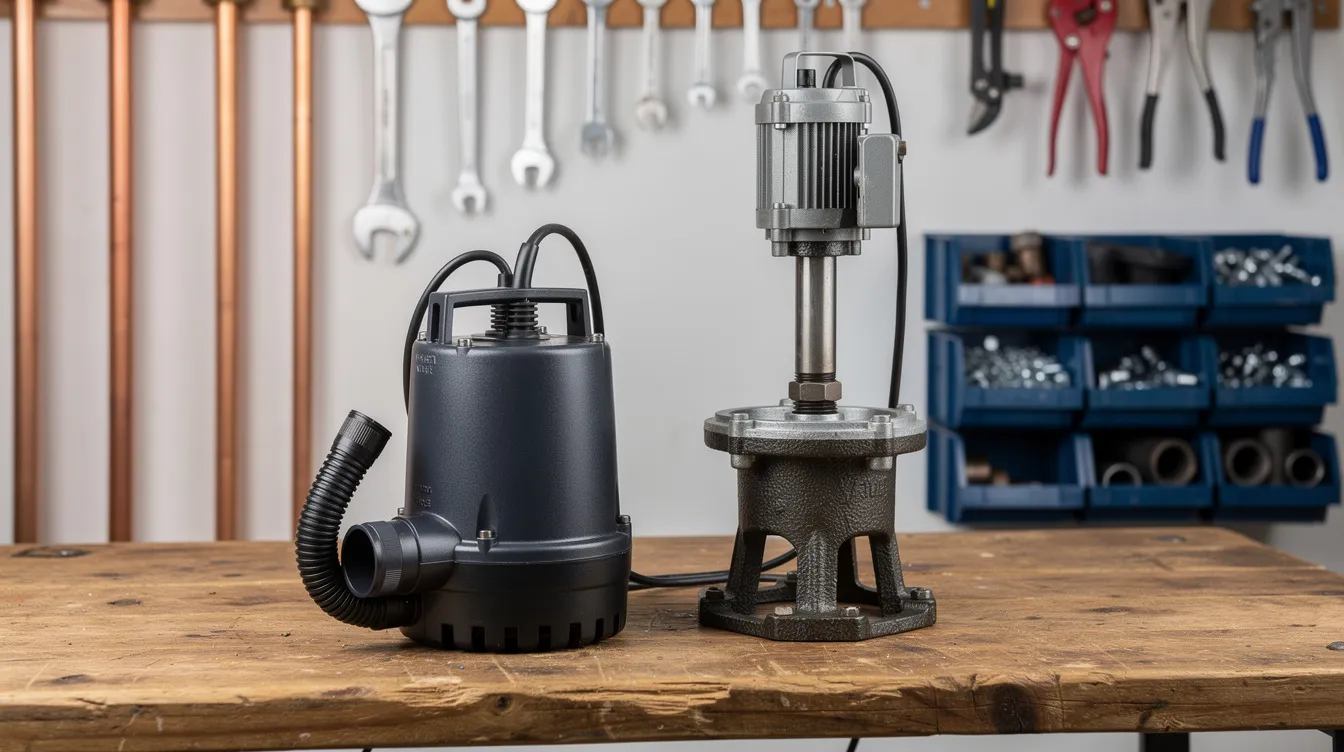 The image shows two different types of sump pumps placed side by side on a workbench in a plumbing workshop, highlighting options for sump pump installation and repair. One pump is a submersible model, while the other is a primary pump, both essential for maintaining a dry basement and preventing water damage during heavy rain or unexpected water events.
