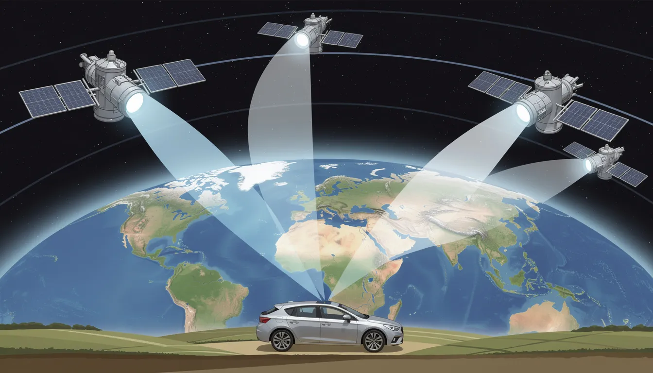 An illustration depicts GPS satellites orbiting Earth, with beams of GPS signals extending down to a vehicle on the ground, showcasing how the global positioning system provides accurate location data for GPS-enabled devices. The image highlights the importance of satellite geometry and the role of GPS technology in enhancing tracking accuracy.