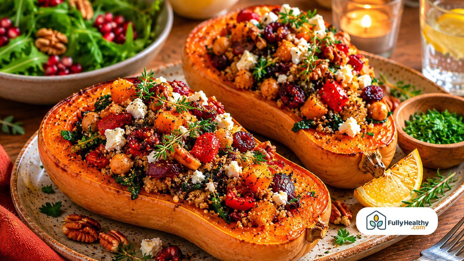 Stuffed roasted butternut squash with quinoa cranberries herbs and creamy cheese