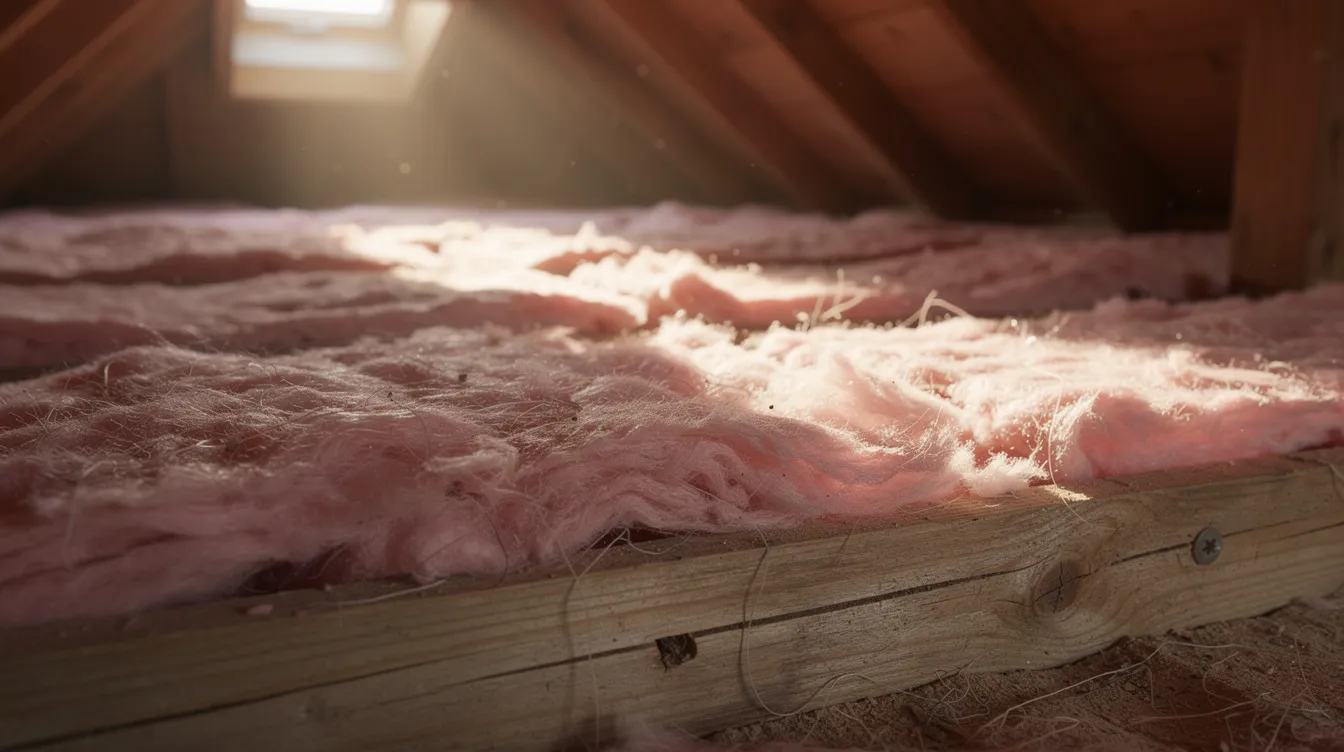 A close-up view of an attic interior reveals fiberglass insulation snugly fitted between wooden joists, with light filtering in from a roof vent. This image highlights the importance of proper attic insulation for energy efficiency and the potential health risks associated with contaminated insulation from wildlife infestations.