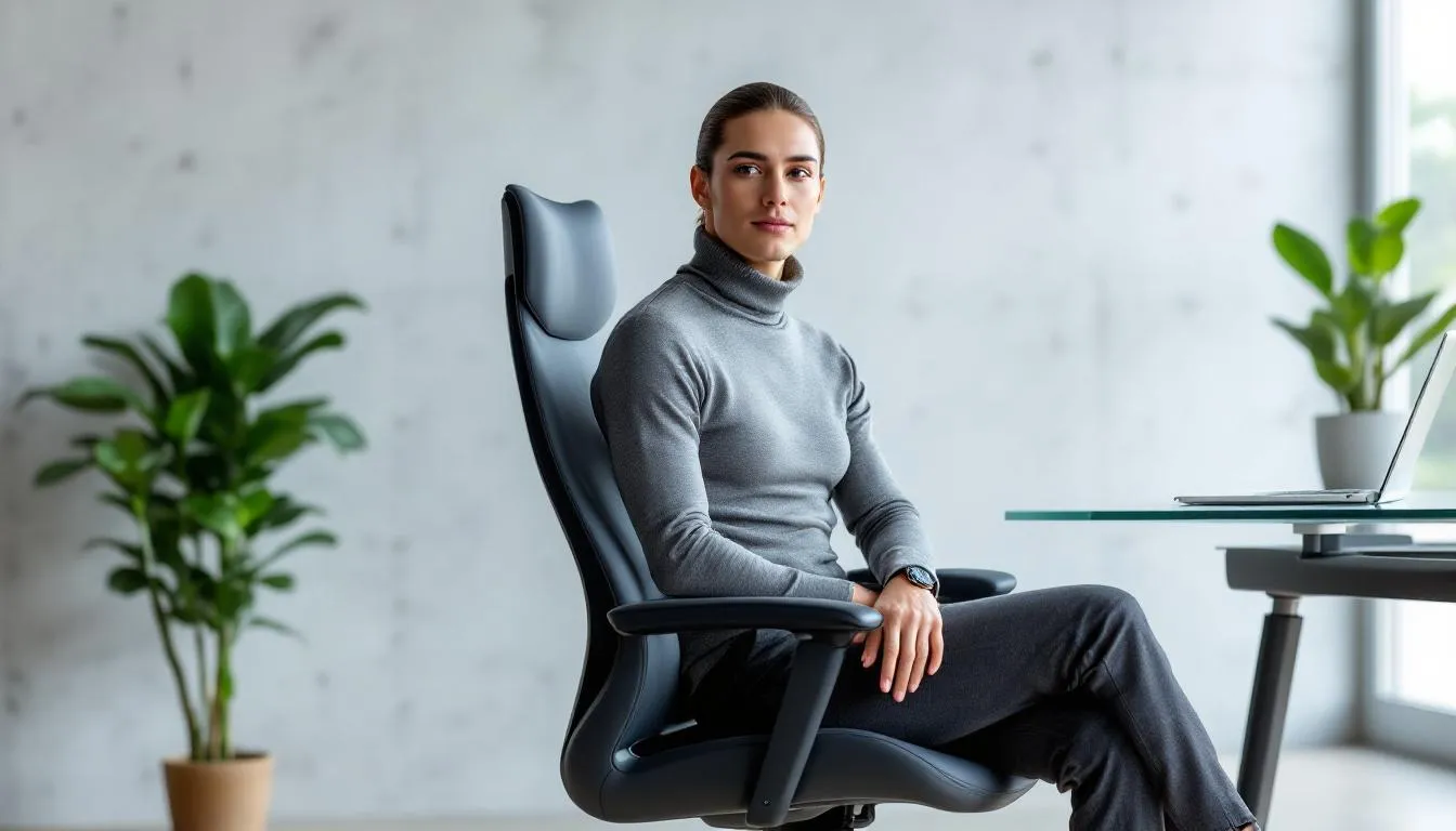 A person sitting in an ergonomic chair demonstrating good posture.