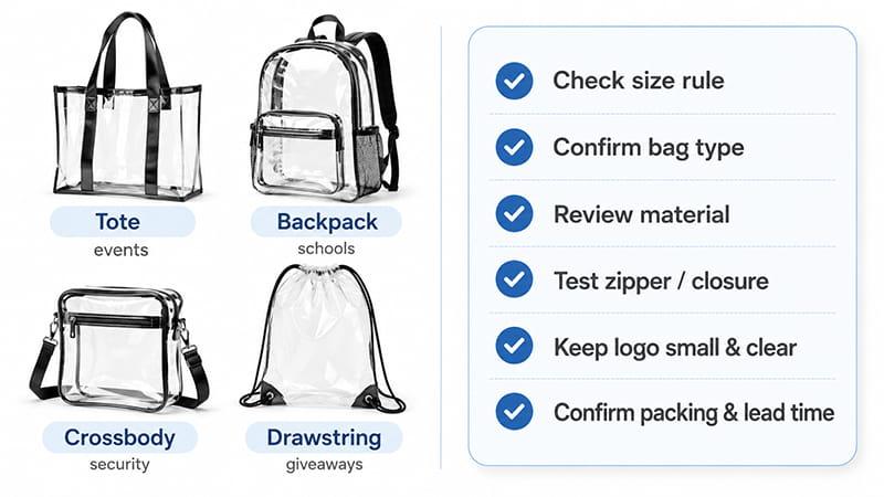Clear bag comparison and ordering checklist with tote, backpack, crossbody, and drawstring styles.