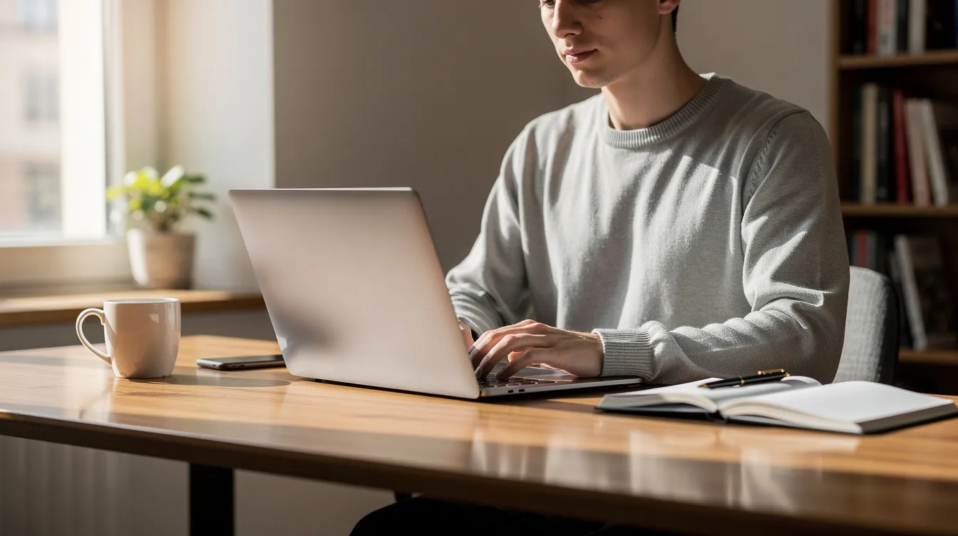 A person is sitting at a desk, focused on using a laptop to engage with their reddit account, possibly reviewing their own posts or comments. The workspace is tidy, with a few personal items around, suggesting a comfortable environment for managing online content and reputation.