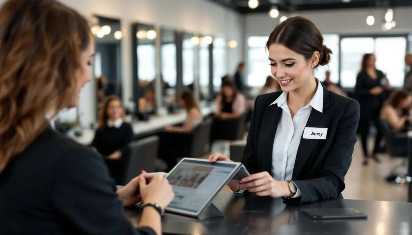 Un miembro del personal de un salón utiliza un software de programación de citas en una tablet, mientras que en el fondo se pueden ver clientes satisfechos disfrutando de los servicios. Esta herramienta ayuda a gestionar reservas y enviar recordatorios automáticos para reducir inasistencias en el negocio.