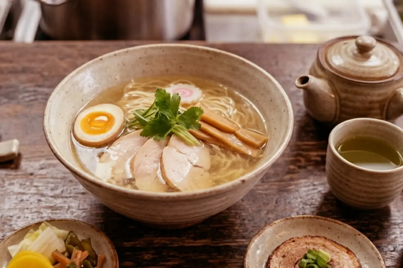 A bowl of shio ramen with sliced chicken, egg, bamboo shoots, and herbs, served with tea and small side dishes on a rustic wooden table.