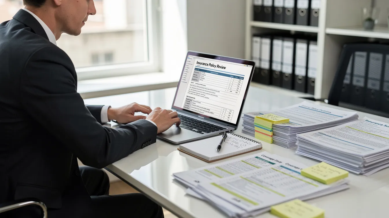 The image shows a person sitting at a desk, focused on a laptop while surrounded by stacks of insurance documents during a policy review meeting. This scene highlights the importance of understanding homeowners insurance coverage and debunking common insurance myths that could cost you big.