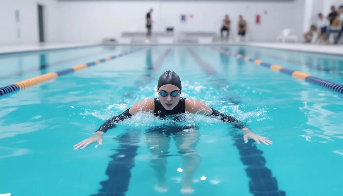 Ein Schwimmer trainiert im 25-Meter-Becken und übt verschiedene Techniken wie Kraulen und Brustschwimmen. Das Wasser spritzt um ihn herum, während er konzentriert seine Arm- und Beinbewegungen synchronisiert, um seine Ausdauer und Geschwindigkeit zu verbessern.