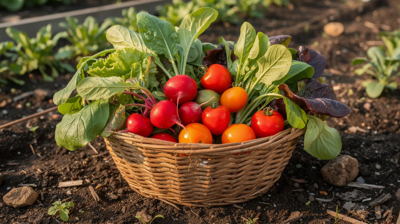 A wicker basket brimming with freshly harvested, colorful vegetables such as radishes, leafy greens, and cherry tomatoes rests on the rich garden soil, showcasing the bounty of a spring garden. This vibrant assortment highlights the joy of growing fast-maturing vegetables in a small space. A wicker basket brimming with freshly harvested, colorful vegetables such as radishes, leafy greens, and cherry tomatoes rests on the rich garden soil, showcasing the bounty of a spring garden. This vibrant assortment highlights the joy of growing fast-maturing vegetables in a small space.