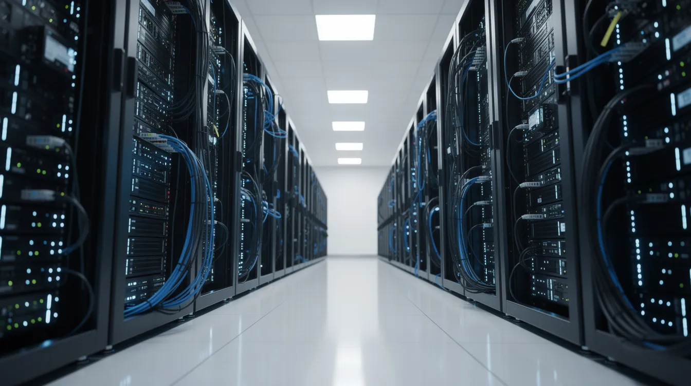 The image shows a modern data center filled with multiple connected servers, showcasing the intricate computer hardware that supports various software applications and system software. This environment is crucial for running applications and managing data, enabling users to perform tasks efficiently across different platforms.