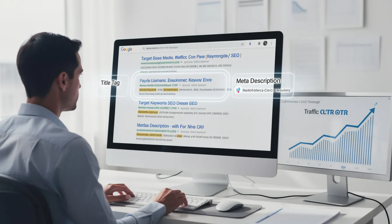 An informative graphic illustrating the importance of page titles and meta descriptions in on-page SEO, highlighting how these elements help search engines understand webpage content and improve search engine rankings. It emphasizes the role of keyword research and the use of target keywords to enhance click-through rates and attract qualified traffic.