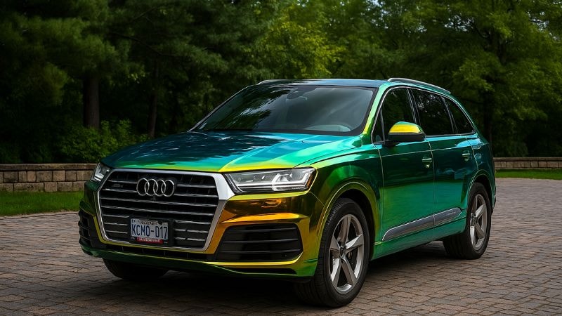Car wrapped in color shifting vinyl film