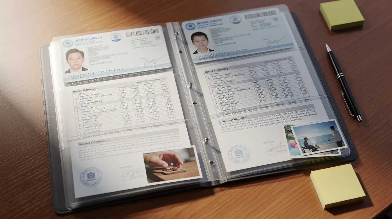 The image shows a neatly organized file on a wooden desk, containing identity documents, bank statements, and photographs, which may be relevant for individuals seeking financial assistance through schemes like the Pradhan Mantri Mudra Yojana to support their micro enterprises. This setup signifies the importance of maintaining a satisfactory credit track record and necessary documents for eligible borrowers looking to avail loans from financial institutions.
