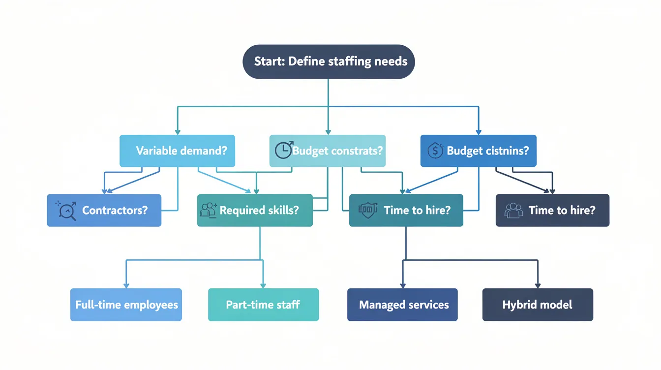 The image depicts a decision tree diagram that illustrates branching questions leading to various recommended staffing models, aimed at helping businesses optimize their operations. This visual tool highlights the key considerations for companies looking to streamline their business processes through outsourcing and offshoring, ultimately achieving significant cost savings and enhancing their global operations.
