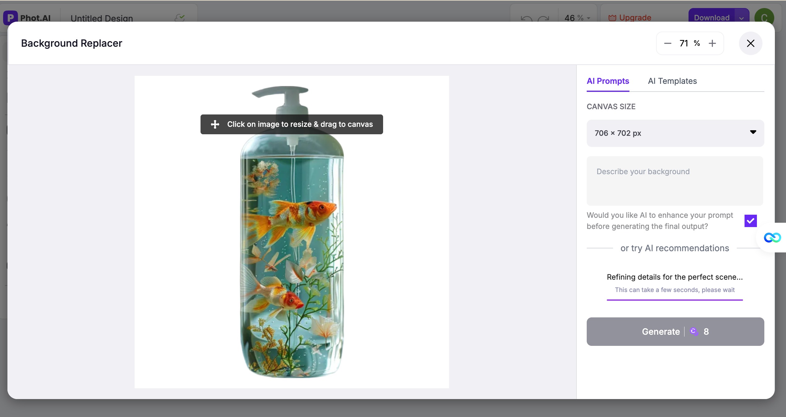 Phot.AI interface showing a soap dispenser with goldfish and a prompt-based background generator panel with canvas size and AI enhancement options.