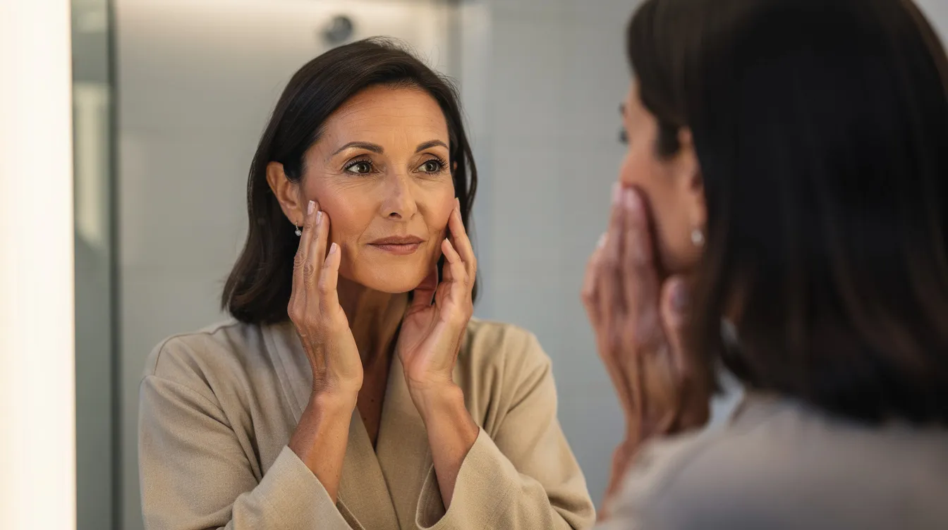 A middle-aged woman is gently touching her cheeks while gazing into a mirror, reflecting on her facial contours and the potential for facial rejuvenation. She may be considering treatments like Sculptra or Radiesse, which stimulate collagen production to restore lost volume and improve skin quality over time.