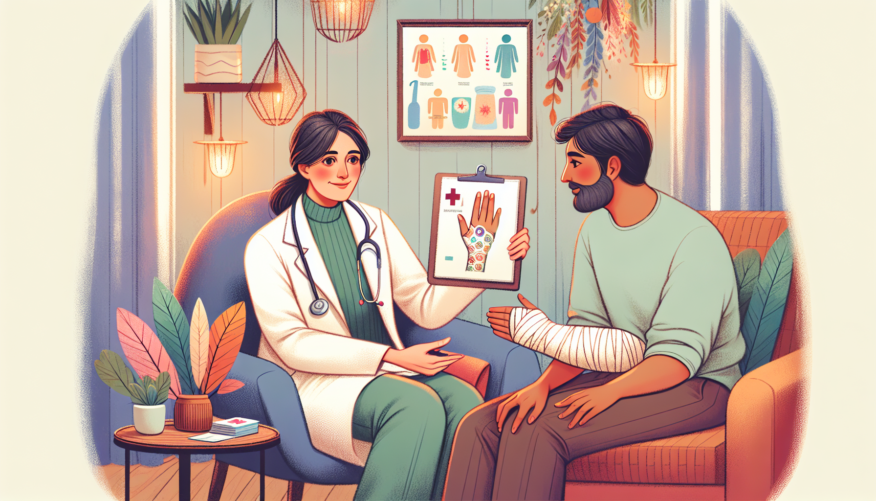 A depiction of a healthcare provider assisting a patient with wound care.