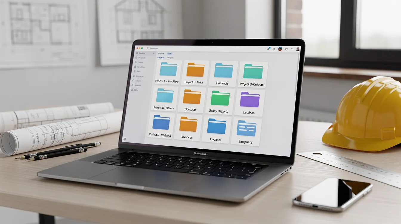 A laptop screen displays organized digital project folders for construction records.