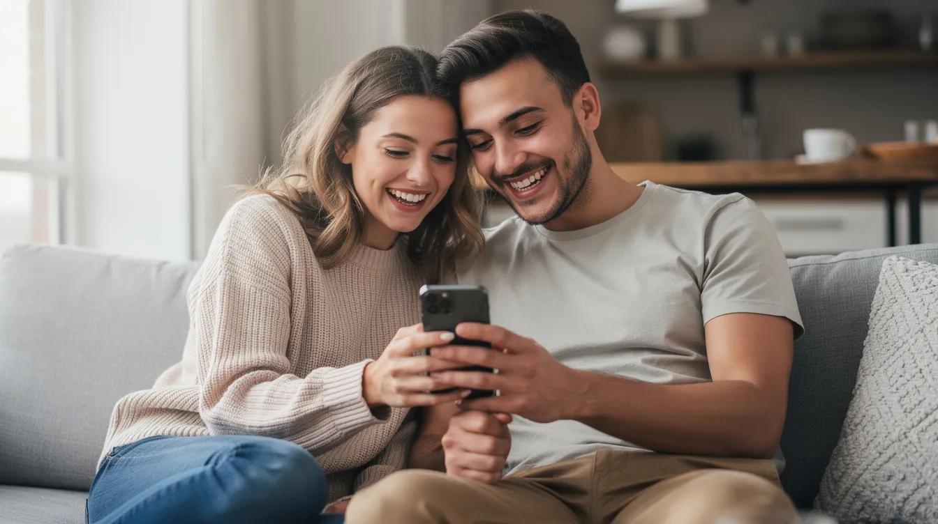 A couple is sitting together, smiling and laughing while looking at a cellphone, sharing a joyful moment that reflects the early days of their relationship. This scene captures the excitement of online dating, where they assess compatibility and build a connection that could lead to a long-term relationship.