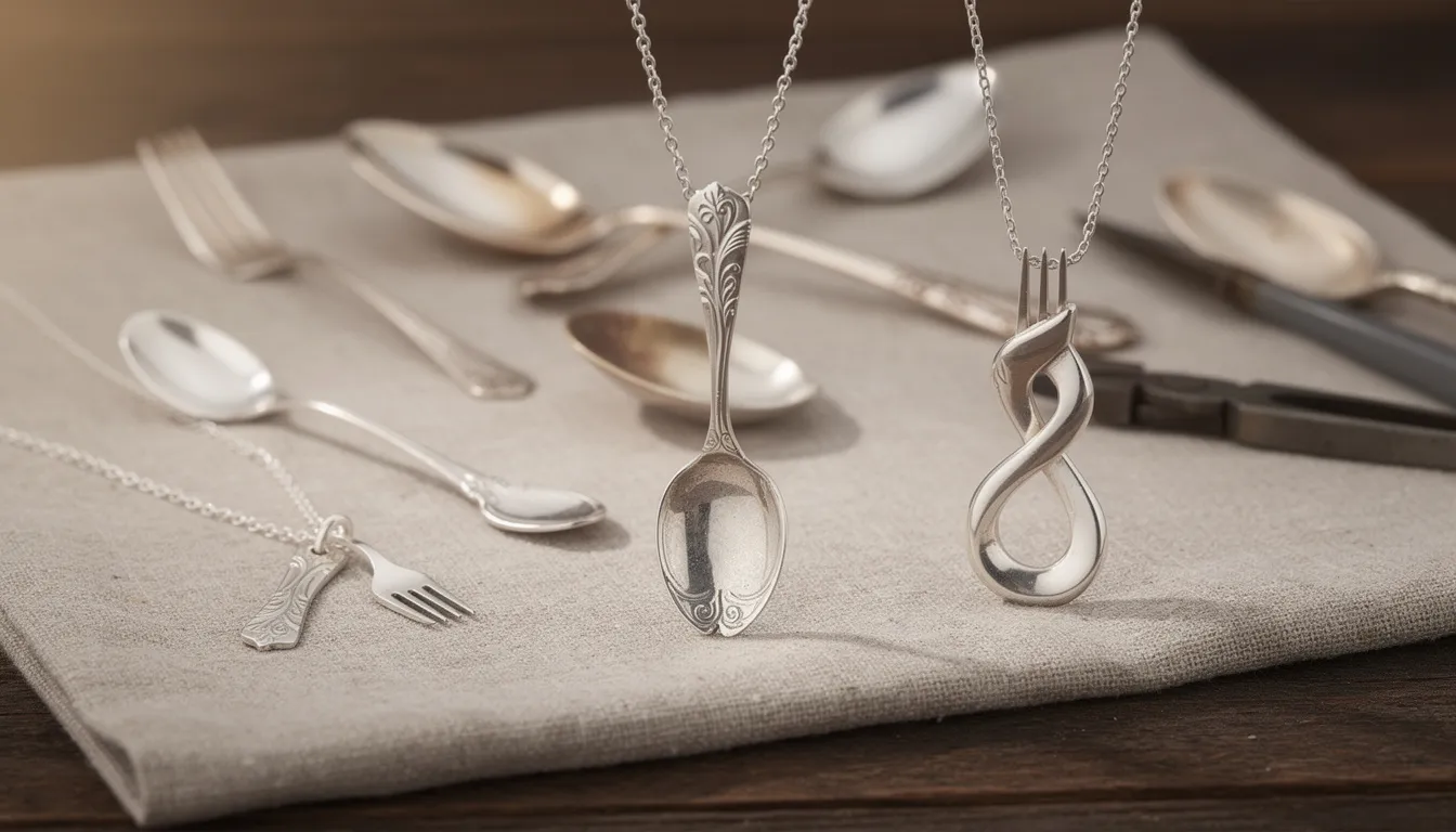 The image showcases a collection of elegant sterling silver necklaces, featuring unique designs that include pendants shaped like spoon handles and intertwined fork and spoon motifs. Each piece exemplifies the artistry of skilled silversmiths, blending traditional cutlery patterns with contemporary style, perfect for adding a striking touch to any jewellery collection.