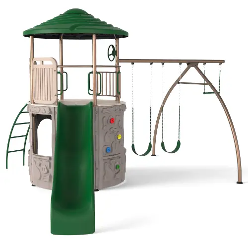 Lifetime Adventure Tower swing set with play deck for a small yard
