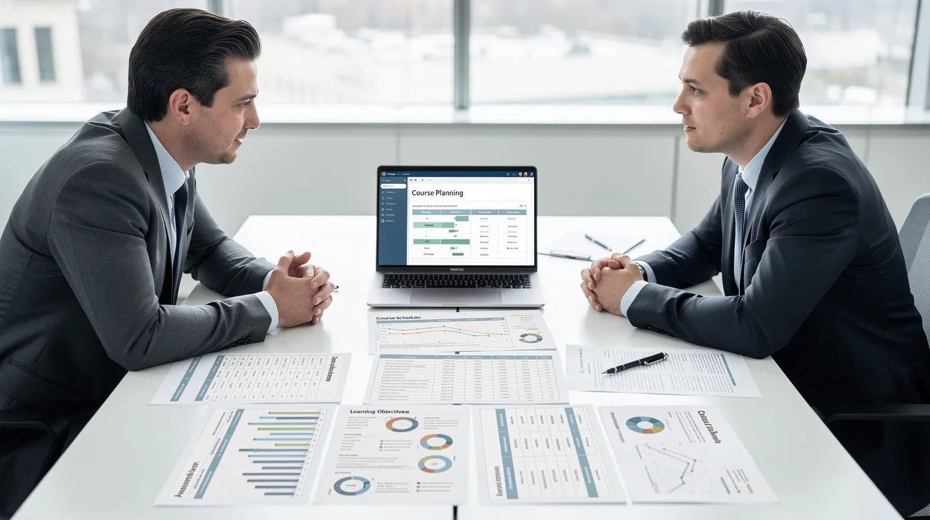 The image depicts a professional meeting between two individuals at a modern desk, featuring an open laptop and various course planning documents. They are discussing the course creation process, likely focusing on developing an online course and its associated content. The image depicts a professional meeting between two individuals at a modern desk, featuring an open laptop and various course planning documents. They are discussing the course creation process, likely focusing on developing an online course and its associated content.