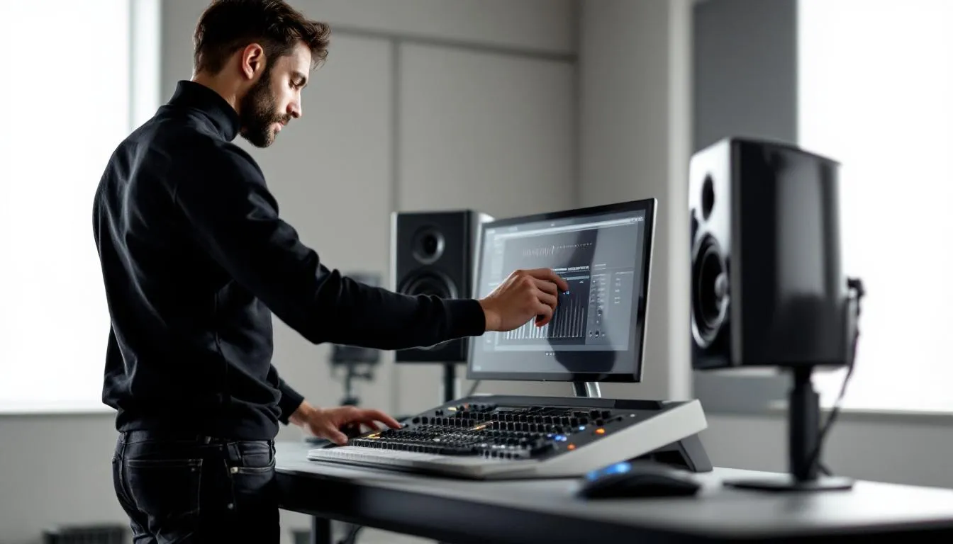 A person adjusting volume levels on studio monitors in a professional setting.