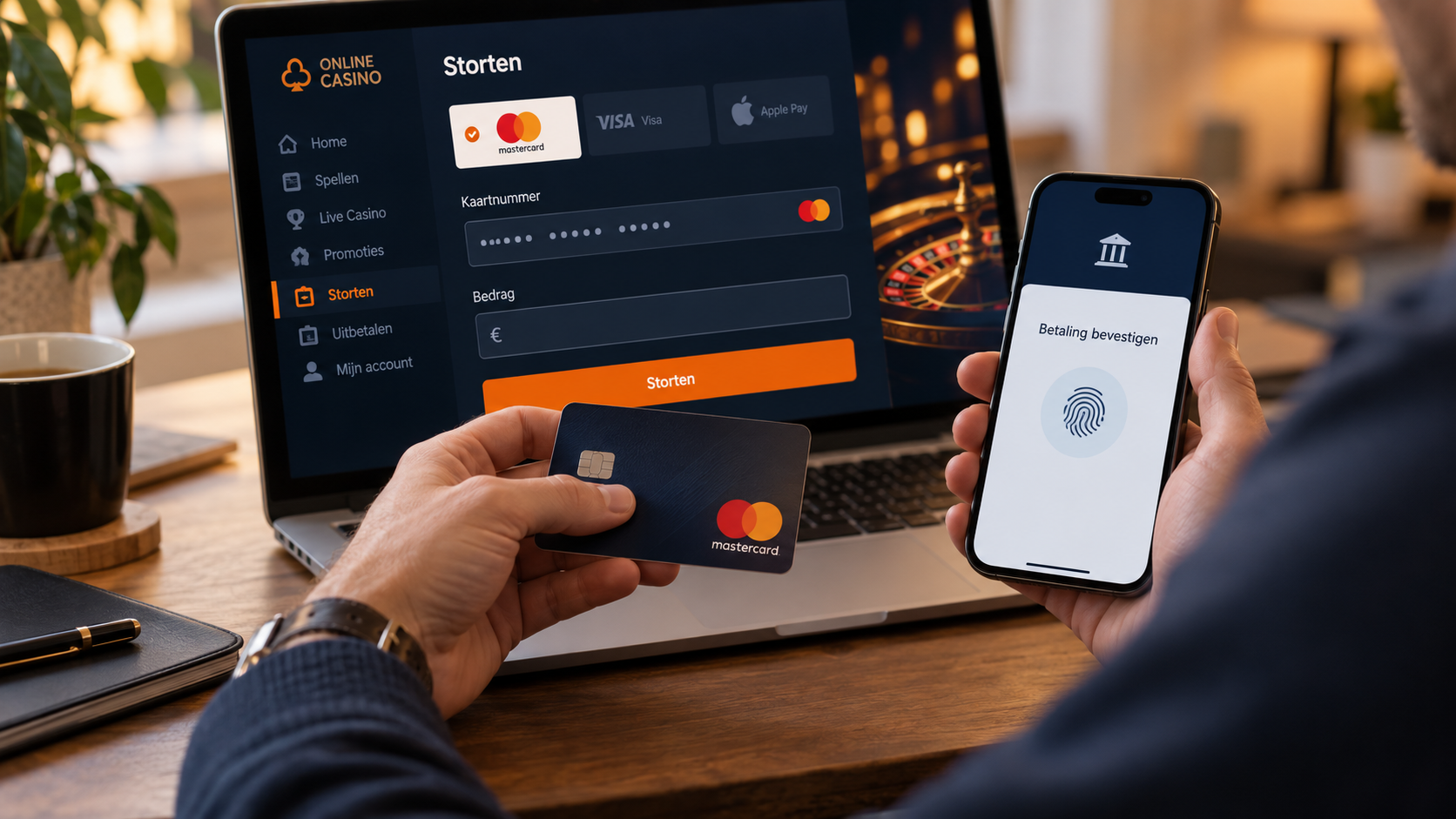 Persoon houdt een Mastercard vast en bevestigt een casinostorting via de bankapp.