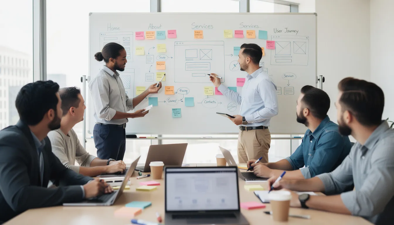 A diverse team is gathered around a whiteboard, actively discussing strategies for a website redesign project aimed at enhancing user engagement and improving search engine rankings. They are brainstorming ideas related to the site's structure and user interface to meet business goals and user expectations.