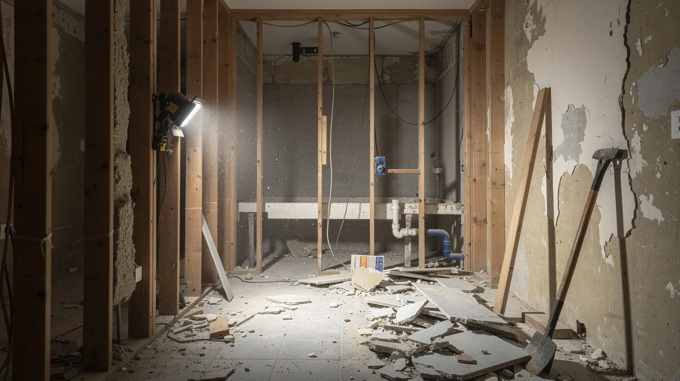 The image depicts a bathroom demolition scene, showcasing exposed wall studs and removed fixtures, highlighting the pre-construction phase of a bathroom remodel project. This stage often involves structural modifications and careful planning to ensure a successful remodel.