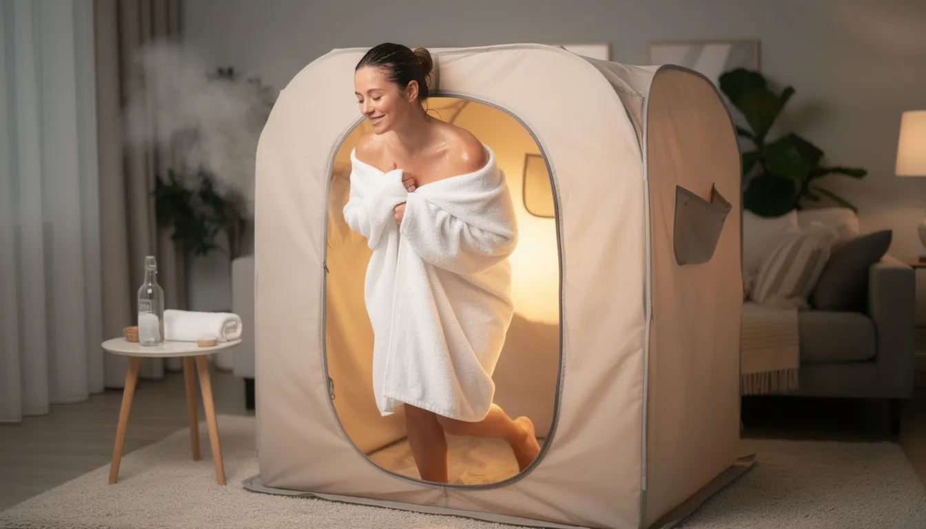 A relaxed person wrapped in a towel steps out of a portable sauna tent in a cozy home setting, exuding a sense of calm and refreshment after their sauna session. The image captures the essence of home wellness routines, emphasizing the stress relief and health benefits associated with sauna therapy.