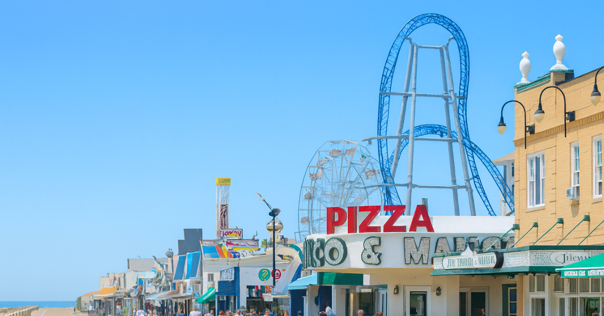 Ocean City NJ boardwalk near Gardens Plaza with amusement rides, pizza shops, and oceanfront views on a bright summer day.