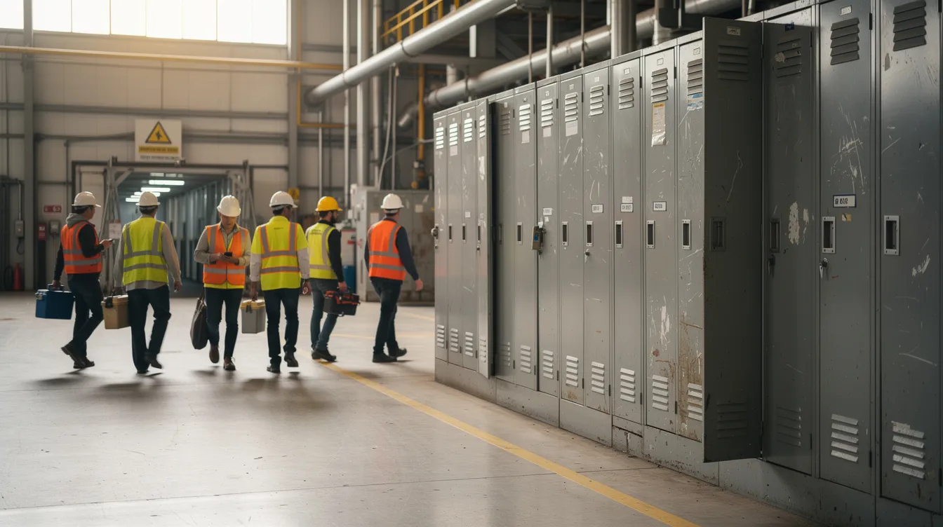 A group of workers wearing hard hats and safety vests are walking through a shift change area in an industrial facility, passing by metal storage lockers. This scene highlights the importance of operational efficiency and security in challenging environments, where effective rugged device management and mobile device management solutions are essential for maintaining safety and productivity.