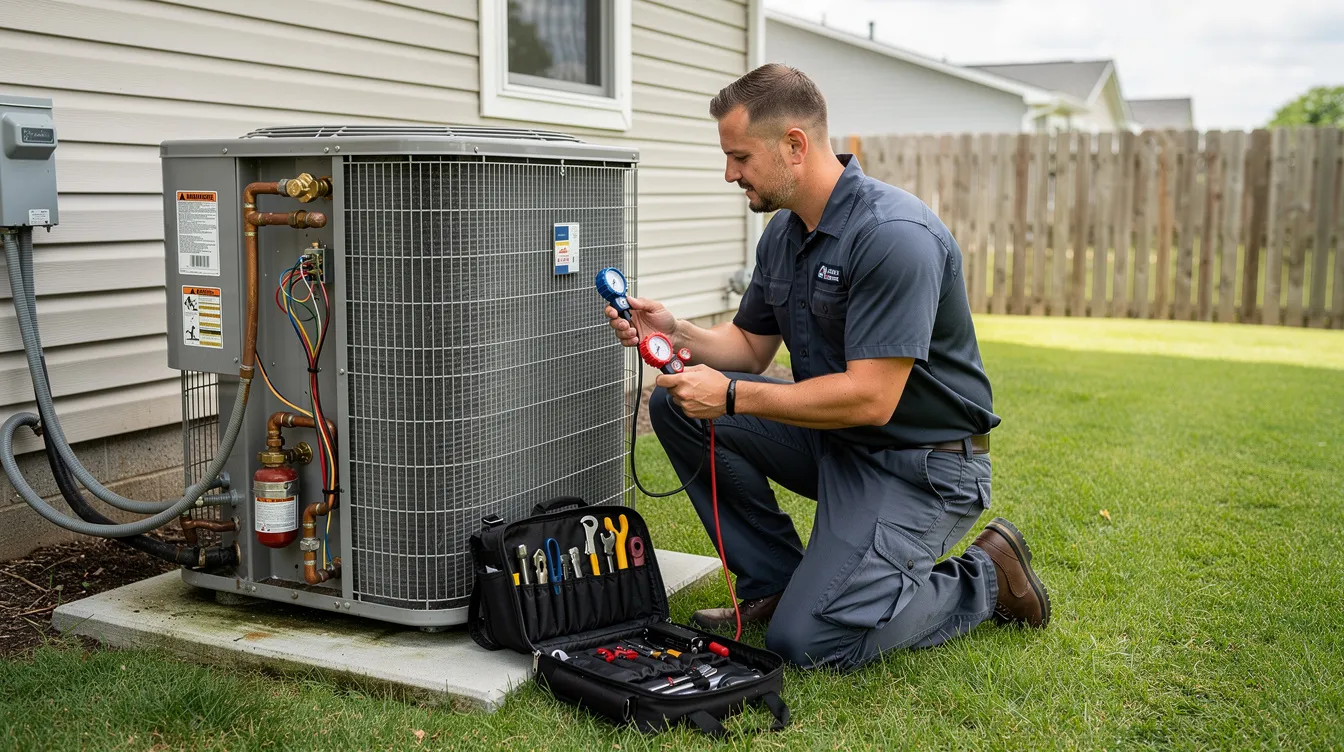 An HVAC technician is inspecting an outdoor condenser unit next to a suburban home, assessing its condition as part of routine air conditioning repair. The technician is focused on identifying any potential issues with the ac system, which may involve checking refrigerant levels and the compressor's performance.