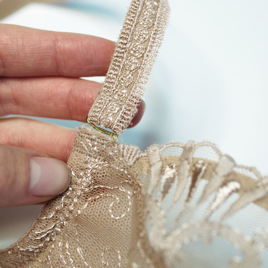 Close-up of a lace bra strap and cup detail showing supportive bra construction