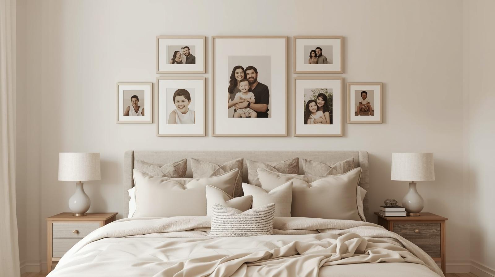 Subtle family photo wall above your bed