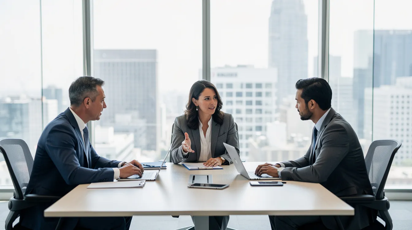 The image depicts a professional consultation meeting taking place in a modern office setting, where individuals are engaged in discussion around financial planning and loan applications, possibly involving二線 清 數 and other financial terms. The atmosphere is focused and collaborative, with participants reviewing documents and sharing insights on repayment options and credit ratings.