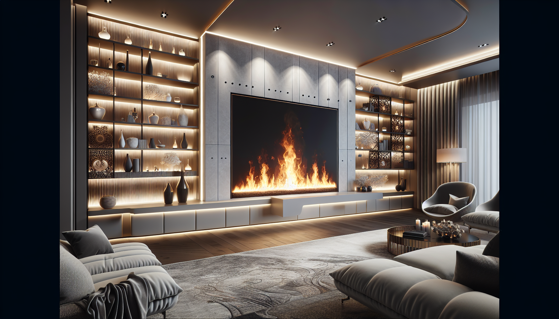 A cozy media wall fireplace adding warmth to a living space.