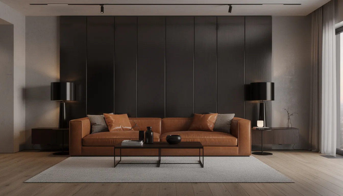 Een moderne woonkamer met donkere metalen wandpanelen die een industriële look geven, achter een stijlvolle leren bank. De zwarte verlichting voegt een luxe uitstraling toe aan het interieur, waardoor de ruimte een gezellige sfeer uitstraalt.