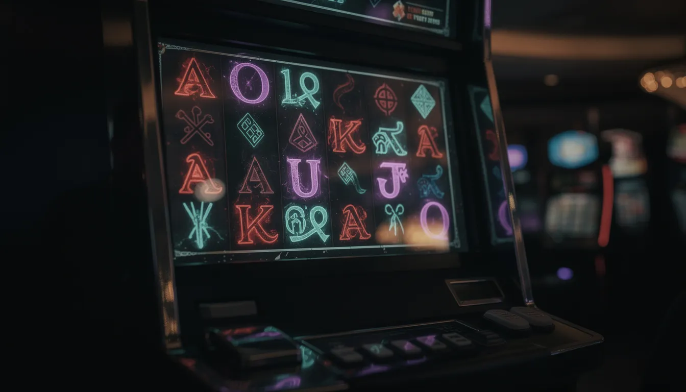 En mörk och atmosfärisk slotmaskin med mystiska symboler och dramatiskt ljus. Denna bild fångar känslan av spänning och äventyr i ett casino, perfekt för spelare som söker efter free spins och bonusfunktioner i Nolimit Citys värld av slots.