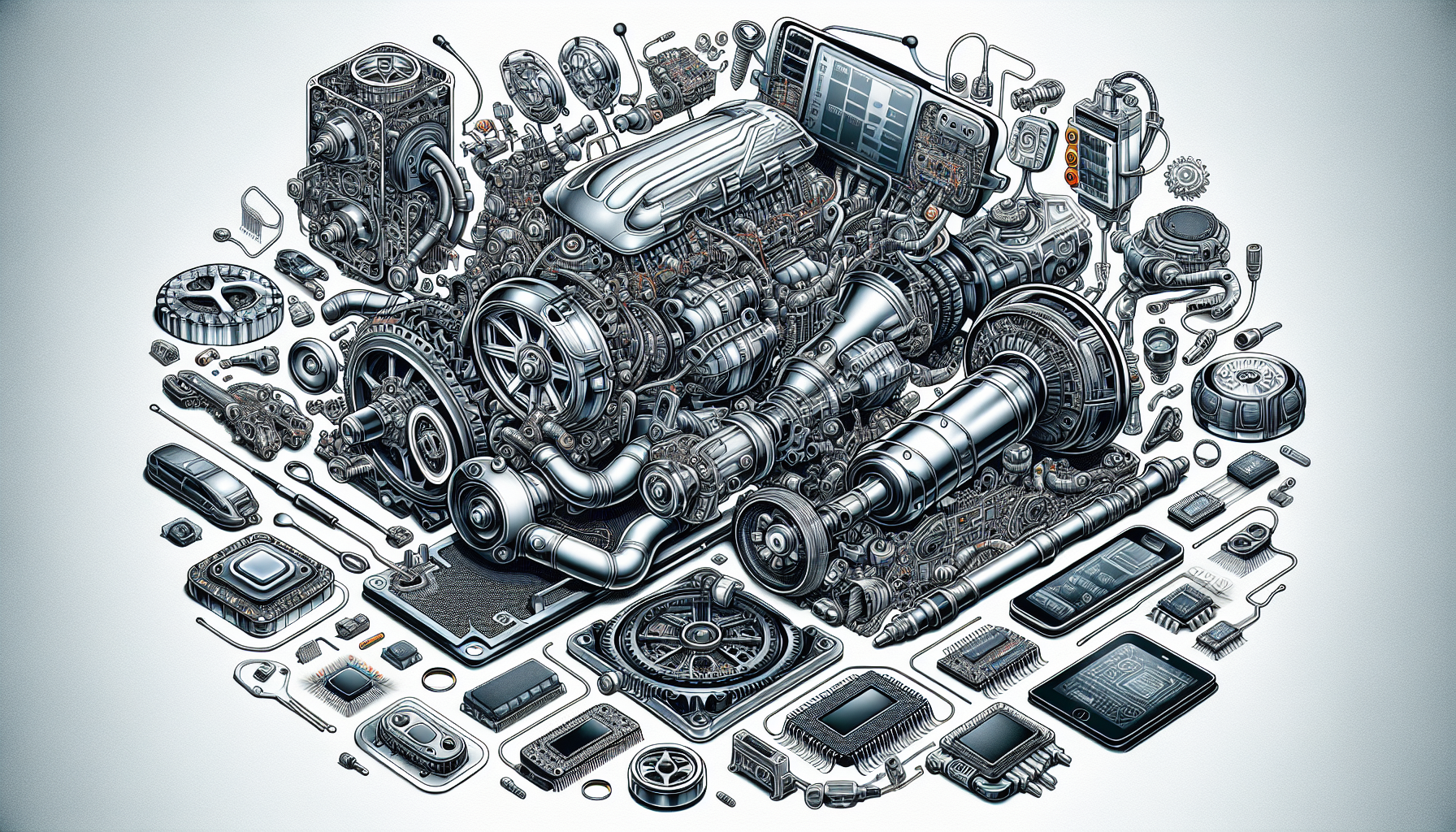 Verschiedene Autoteile und elektronische Geräte