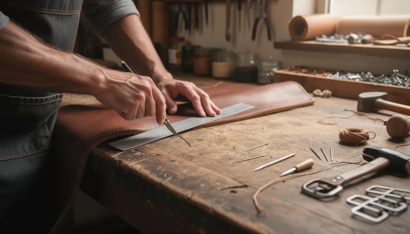 A man's hands are busy working with leather and various tools in a workshop, showcasing the rough texture and signs of wear. The image highlights the need for a restorative hand cream to protect against dry, cracked skin and maintain skin's moisture barrier, especially for those who work with their hands.