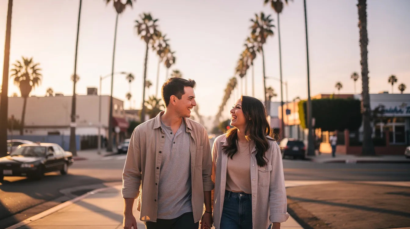 A couple enjoys a fun date under the vibrant palm trees of Los Angeles, sharing laughter and engaging in real conversation that fosters a meaningful relationship. Their connection reflects intentional dating, as they are on the same page about their relationship goals and emotional availability.