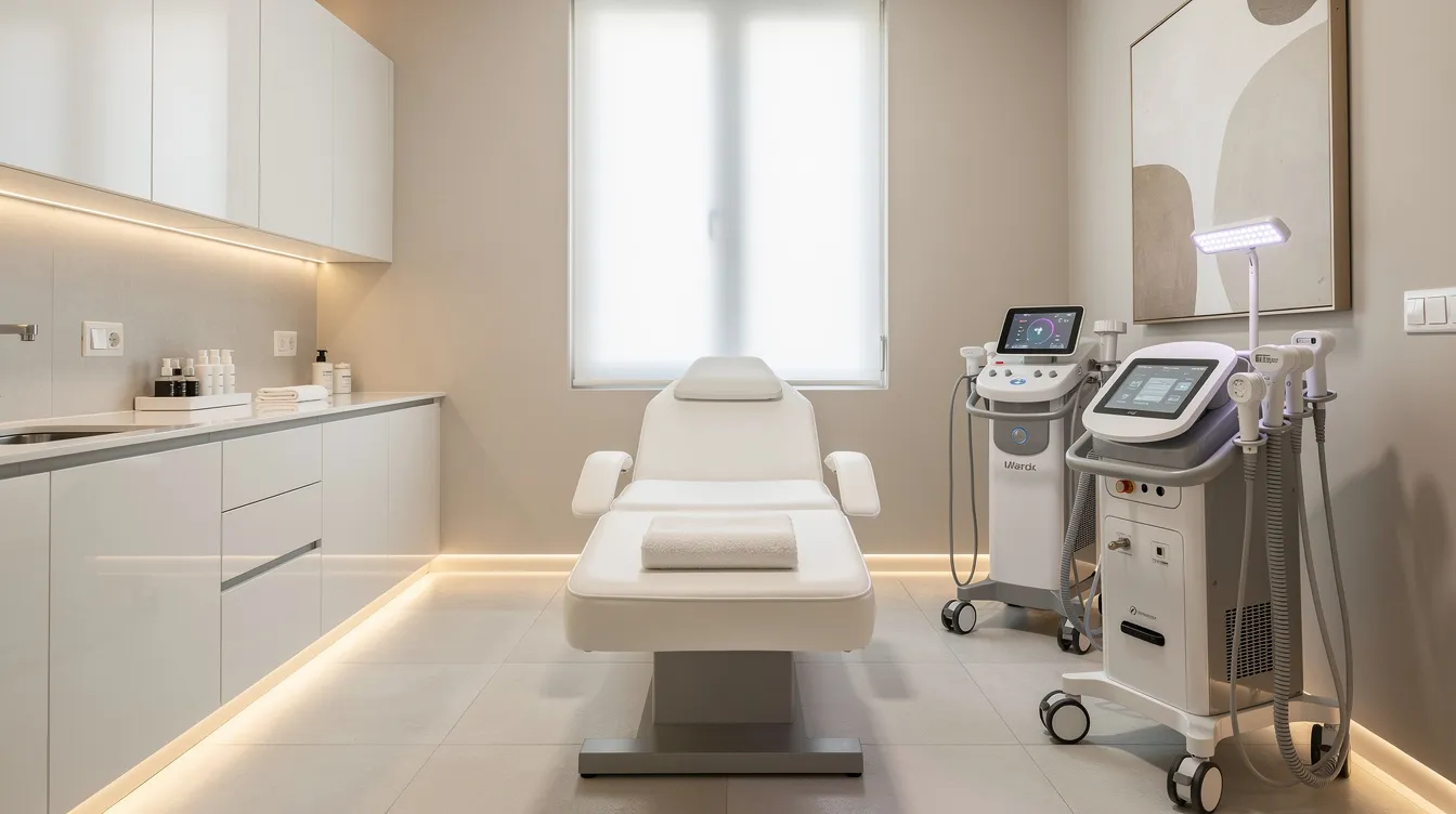 The image depicts a modern aesthetic clinic treatment room equipped with advanced skin devices, including an intense pulsed light (IPL) device for skin rejuvenation and hair removal. The space is designed for various cosmetic treatments, addressing multiple skin concerns such as sun damage and acne scars, with a focus on patient comfort and minimal downtime.