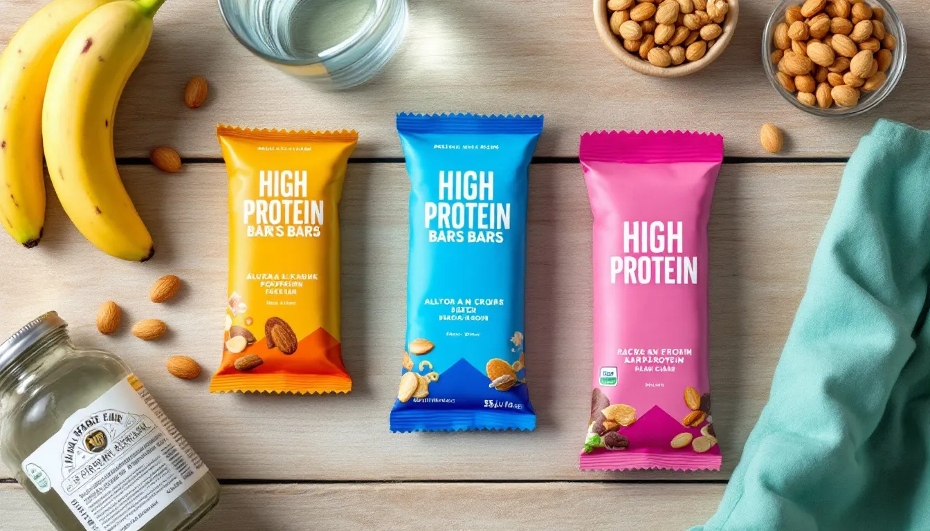 The image showcases an assortment of the best protein bars, featuring flavors like salted caramel and dark chocolate, designed for post-workout recovery and muscle growth. These high protein snacks are convenient options for busy lifestyles, promoting a balanced diet and aiding in daily protein intake.