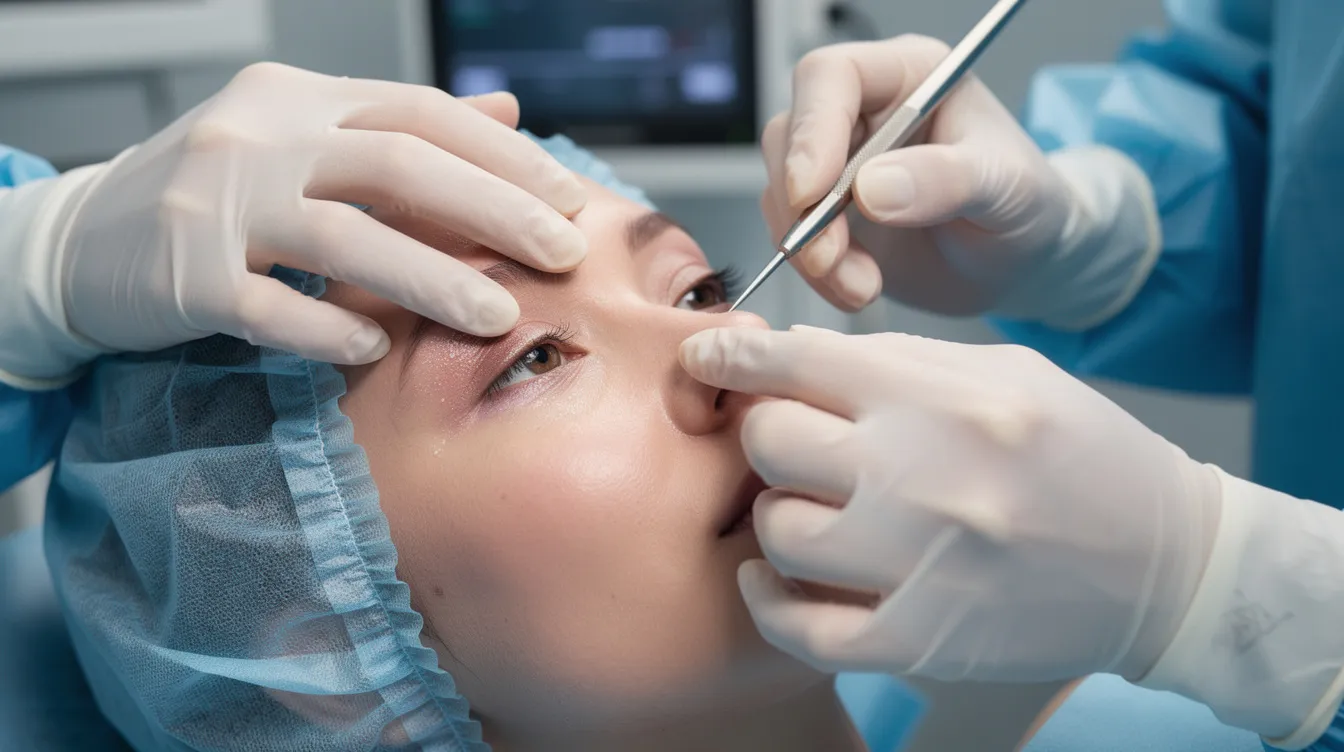 A surgeon's gloved hands performing lower eyelid surgery.